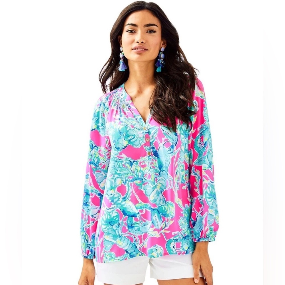 Lilly Pulitzer Silk Blouse Top ELSA LOBSTERS IN LOVE RAZ BERRY Size XXS Ret $158